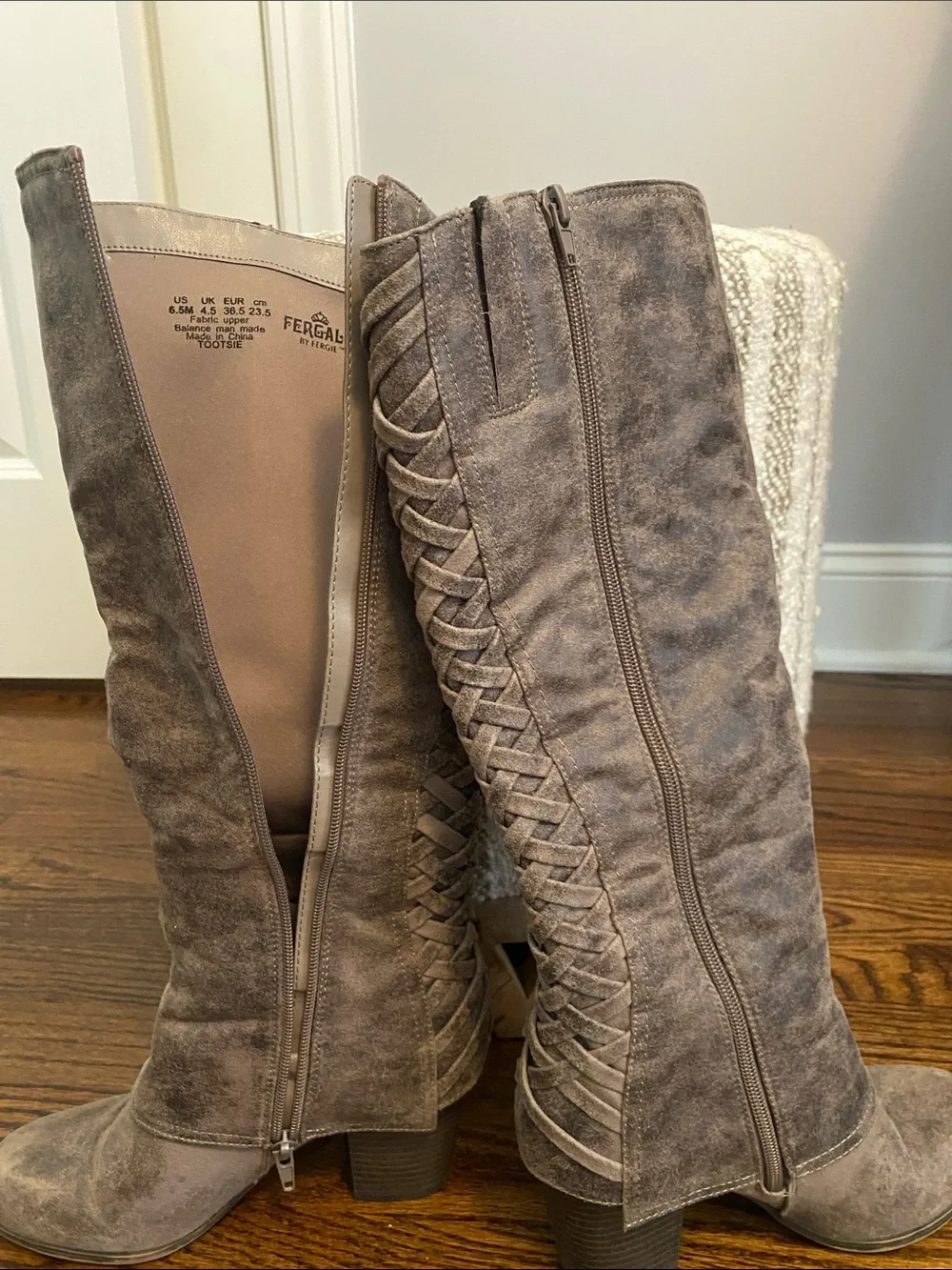 Fergalicious Taupe Suede tall Boots with back Braid